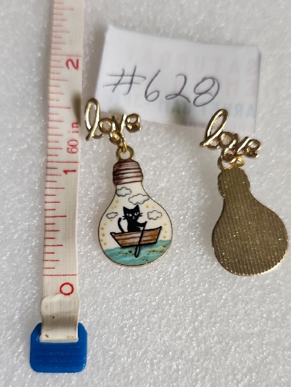 Hand Crafted Gold 'Love' Cat in Boat Lightbulb Drop Earrings - Picture 4 of 5